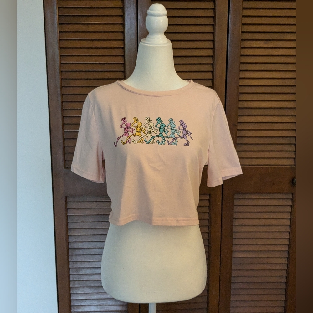 RomWe Dancing Pink Skeleton Crop Top